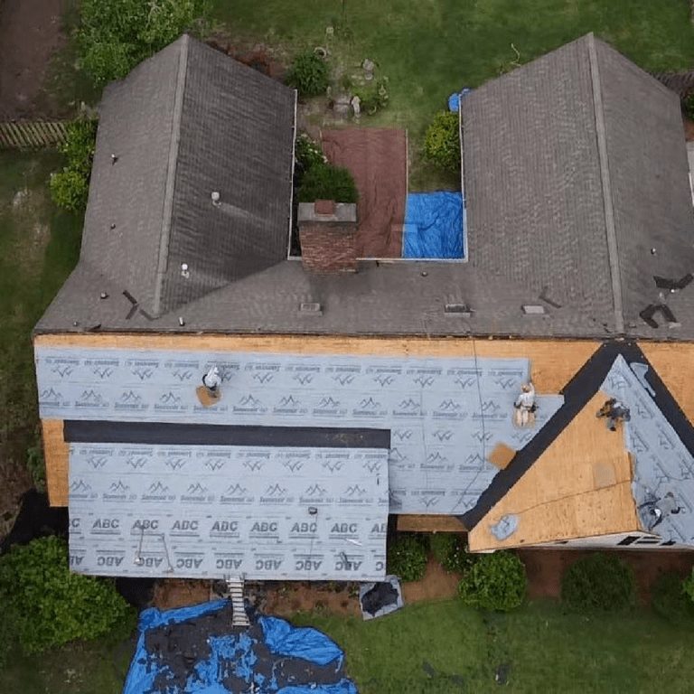 Re-roof in progress areal view