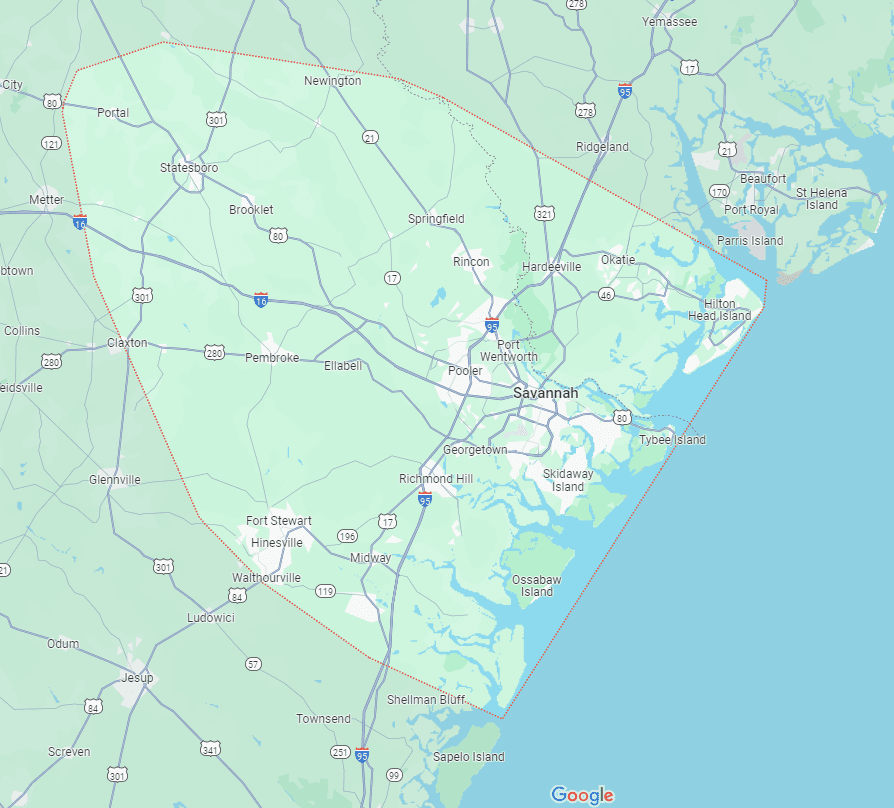 our service area map showing Savannah GA, Effingham County, Chatham County, Bryan County, and surrounding areas — trusted as the best roofing company Savannah GA for residential and commercial roofing.